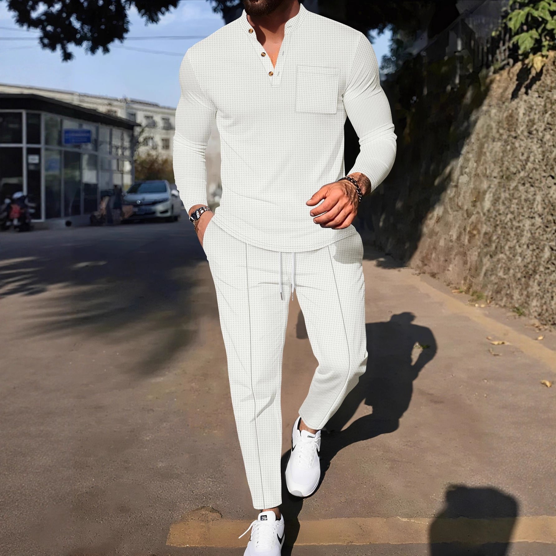 Men's Waffle Henley Neck Pants Long Sleeve T-Shirt Casual Set