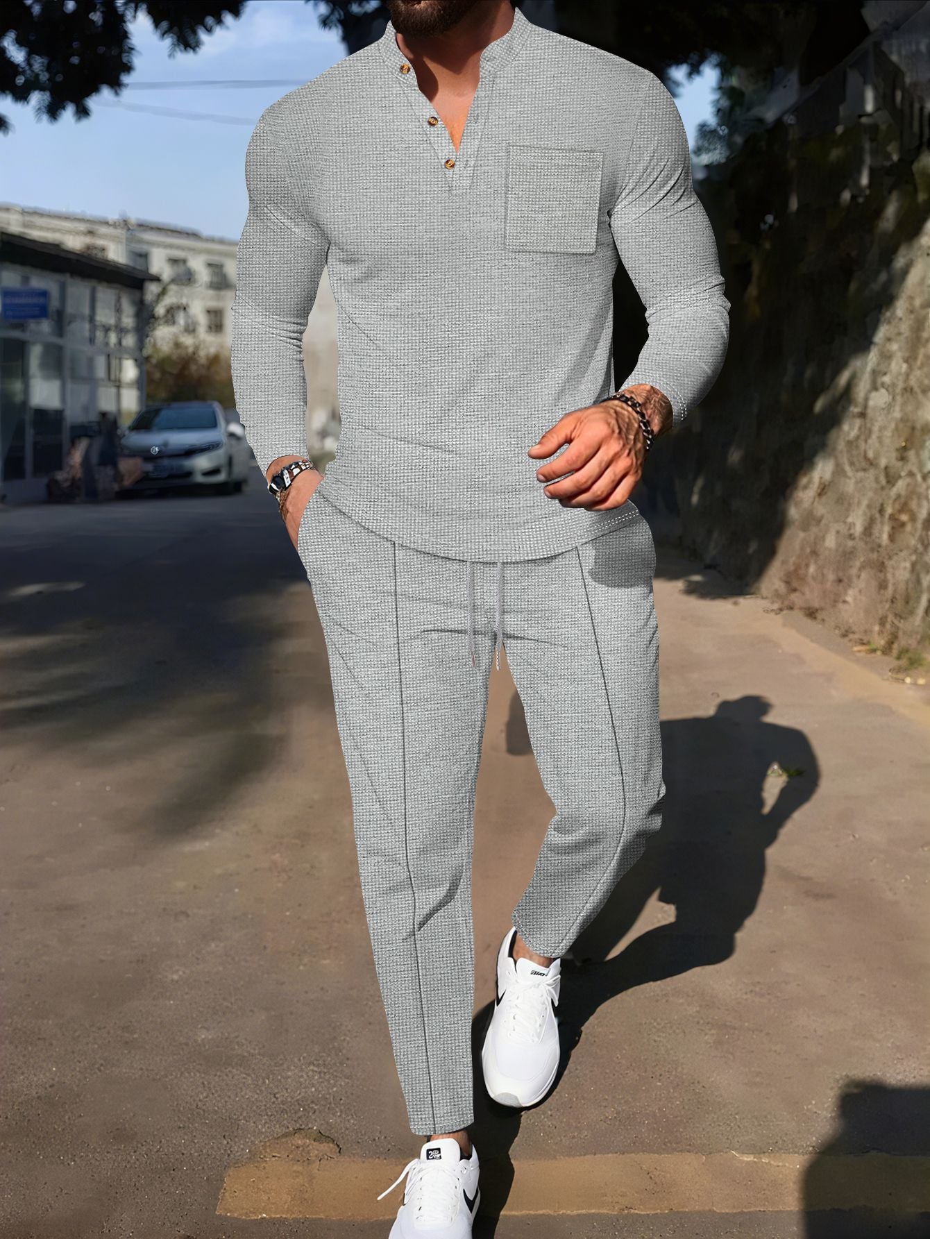 Men's Waffle Henley Neck Pants Long Sleeve T-Shirt Casual Set